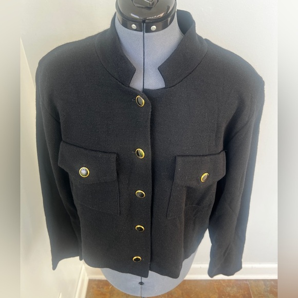 Vintage Sz L CW Clifford & Willis Black Wool Knit Mandarin Jacket Blazer Classic - Picture 8 of 16